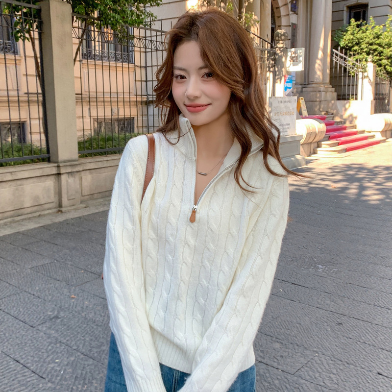 Women's autumn and winter half-zip cable knit sweater with a stand-up collar, solid color, long sleeves, loose fit, thick knit inner layer, cross-border style Women's autumn and winter half-zip cable knit sweater with a stand-up collar, solid color, long sleeves, loose fit, thick knit inner layer, cross-border style