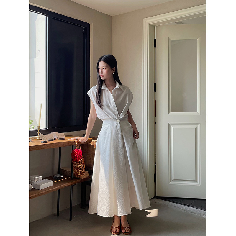 [Ge Ming] Korean-Style Polo Collar Shirt Dress for Women, Summer Wear, Buttoned Waist-Cinching Mid-Length Dress N027C