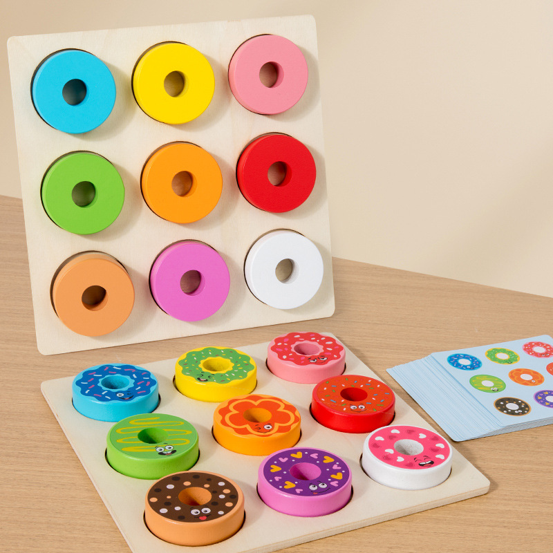 Juguetes de educación temprana para niños de madera, donas, rompecabezas de combinación de colores, material didáctico de educación temprana de jardín de infantes