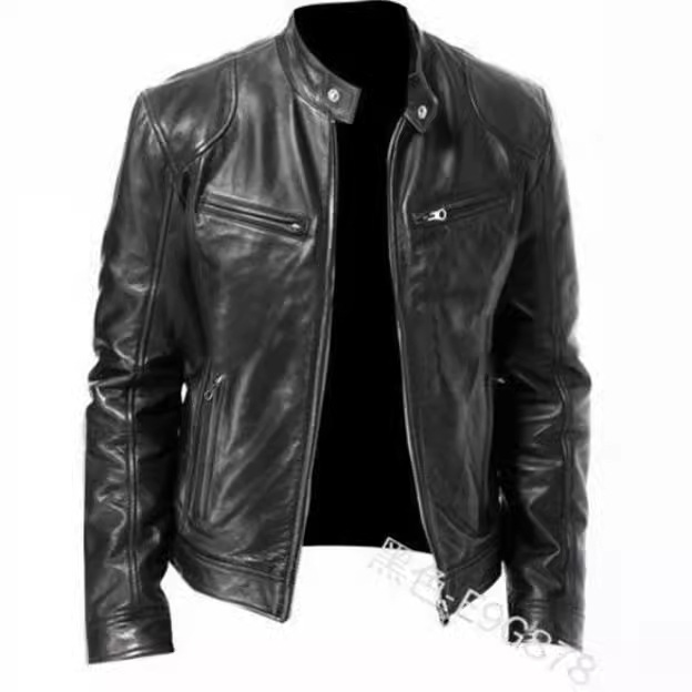 Winter Business Gentleman Warm Zipper Cardigan Pocket Decorated PU Leather Jacket with Vertical Collar Slim-Fit Zipper Leather Jacket