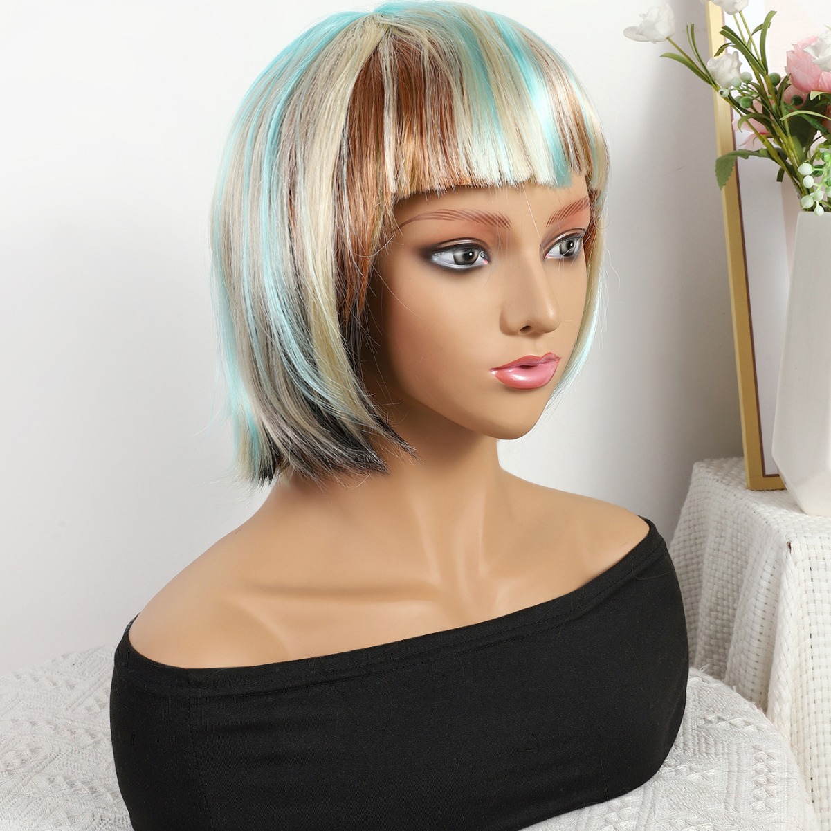 Transfronterizo nuevo color mezcla azul-dorado gradiente largo recto 12 pulgadas sin encaje pelucas europeas y brasileñas