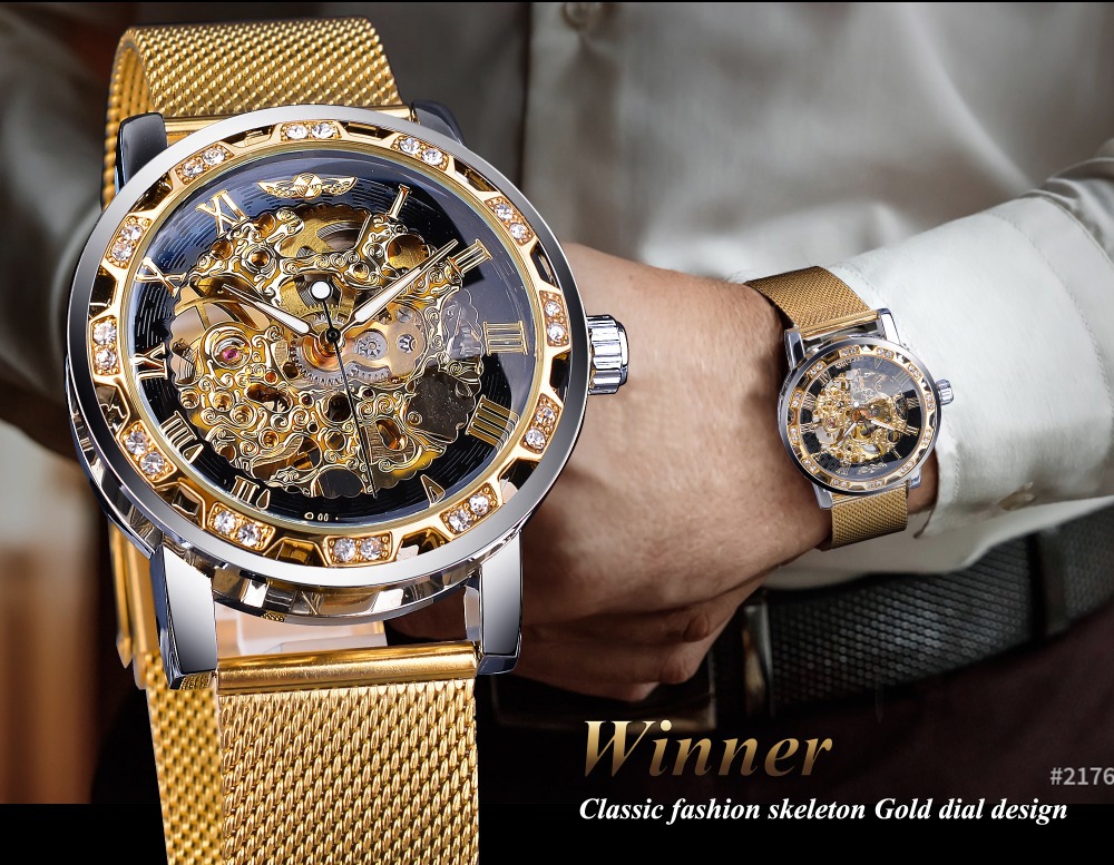 Vinnare Manual Mechanical Watch Herrs populära Rhinestone Hollow Mesh Band Watch Mode och fritid_voghion.com