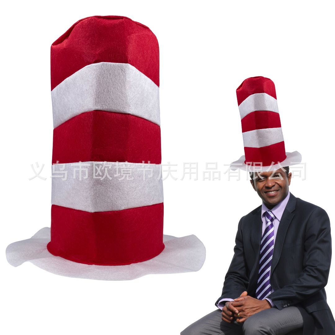Halloween Costume Red and White Striped Hat Abc Dr. Seuss Felt Red and White Striped Color-Blocking Hat Foldable Hat