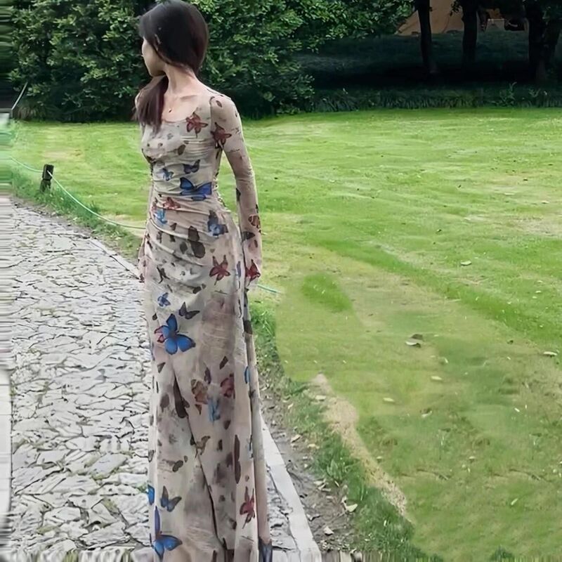 欧美跨境外贸法式复古蝴蝶清冷长袖连衣裙女修身显瘦气质包臀裙子|undefined