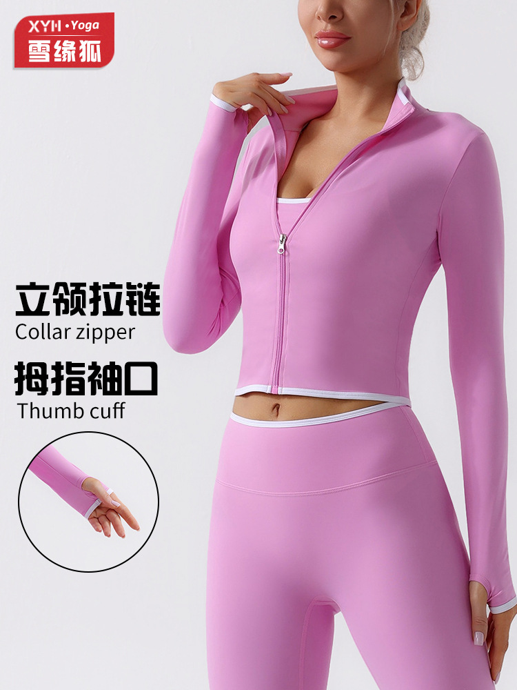 Cross-border cremallera de collar pulgar agujero desnudo sensación de manga larga ropa de yoga para mujeres running fitness camisa de manga larga