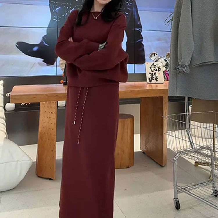 韩系女神范套装2025新款欧货格子衣袖拼接卫衣开叉半裙洋气两件套|undefined