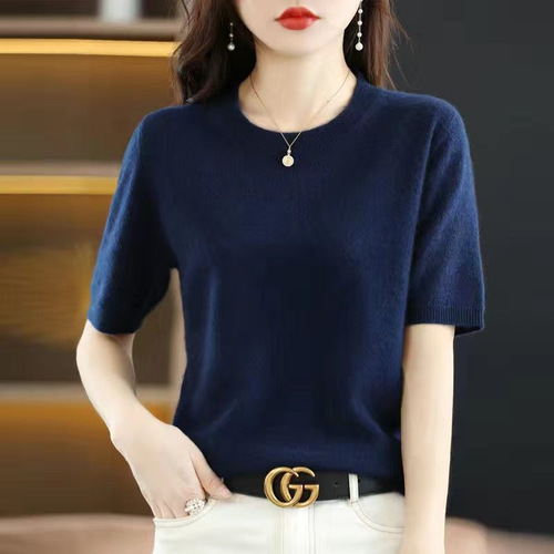 Spring and Autumn Round Collar Short Sleeve Women's Wool Sweater Loose and Slimming Half Sleeve Knit Top Versatile Thin Middle Sleeve Cardigan Fashion