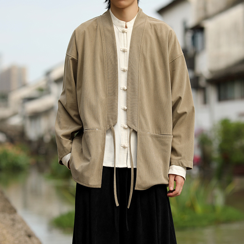 New Chinese-Style Tang Suit Zen Meditation Cardigan Robe for Men, Spring and Autumn Fashion Corduroy Solid Color Hanfu Cloak Kimono Layperson Clothing