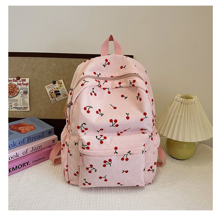1197g Weight Polyester Lining Material Zipper Closure Type Double Shoulder Straps Strap Type Casual, School, Daily Occasion Corduroy Material Back To School Festival School Backpack Backpack Cherry Pattern All Seasons Season Women's Gender Cute Style Shell Shape Cherry Casual School Daily School Backpack 30