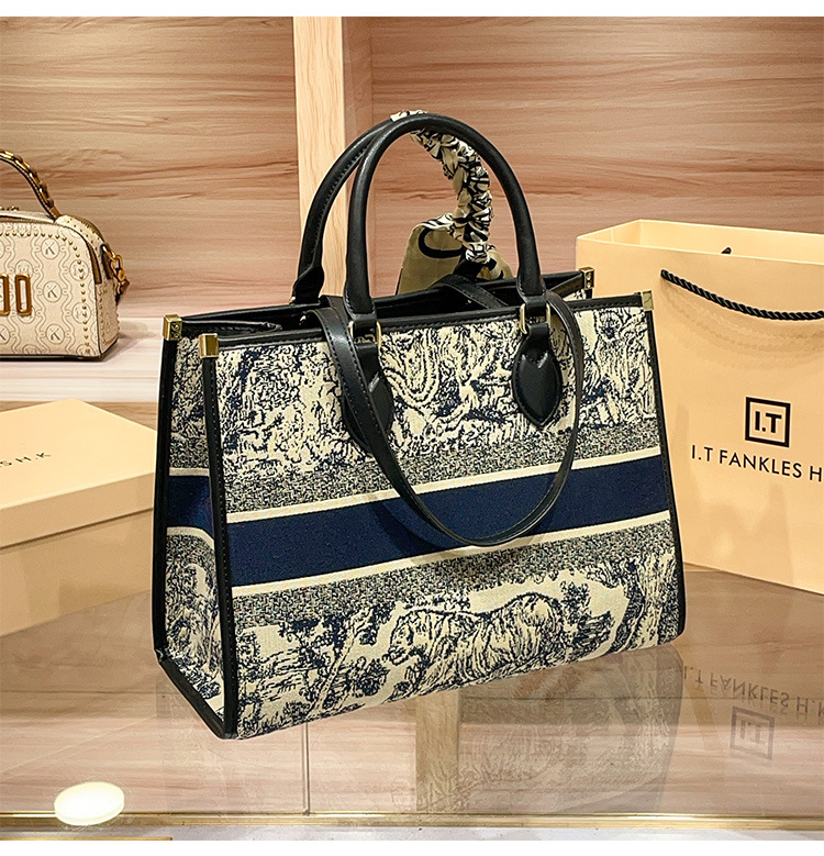 Túi tote nữ thêu họa tiết thời trang, sức chứa lớn, phong cách công sở — Màu xanh lam, Màu xám chi tiết 6