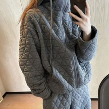 韩国东大门女装新款保暖菱形格上衣外套加宽松橡筋束脚两件套装