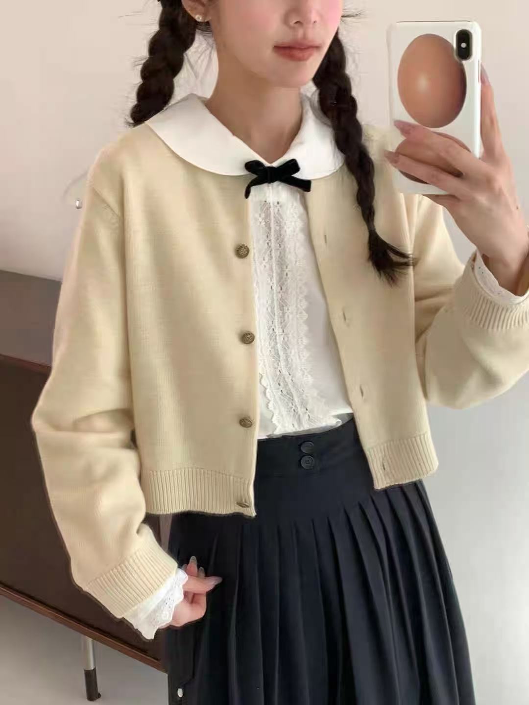 Cárdigan Corto de Punto para Mujer de Acrílico con Cuello Redondo y Manga Larga para Otoño e Invierno