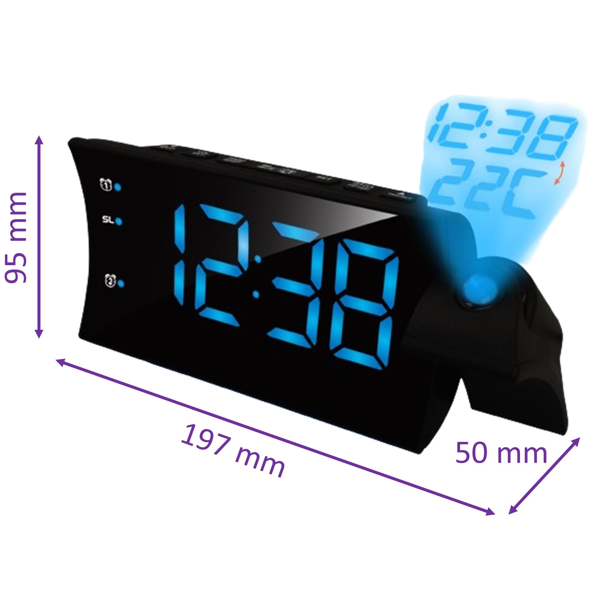 초대형 곡선 LED 프로젝션 이중 사운드 라디오 알람 시계