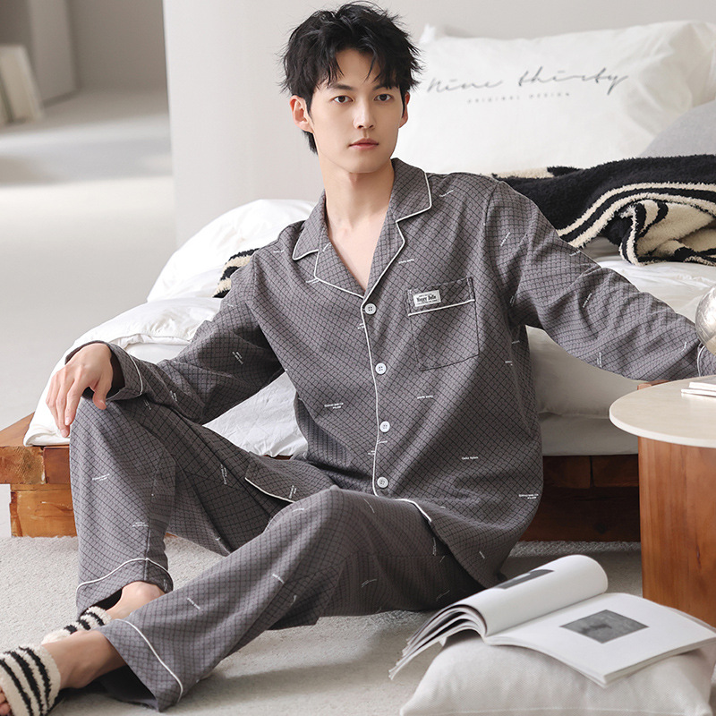 Pijama primavera y otoño cardigán de hombre 2025 nuevo algodón de manga larga se puede usar fuera de la versión suelta del conjunto de ropa para el hogar