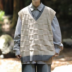 Japanese preppy style sweater vest men's spring and autumn loose round neck sweater vest sleeveless all-match knitted waistcoat