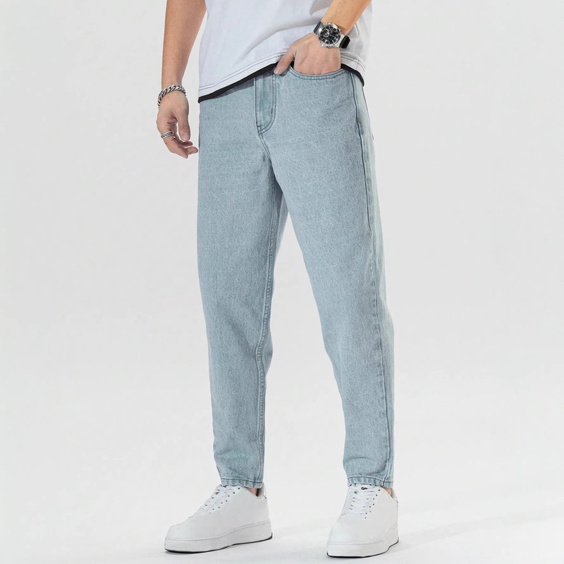 European and American Cross-Border Foreign Trade Men's Denim Tapered Trousers, Fashionable Street Style, Light Blue, Slim Fit, Casual and Versatile