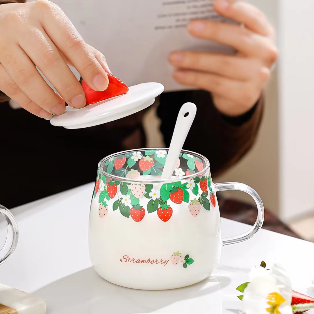 Creativo fresa fruta vidrio con tapa cuchara personalizada 3D 3D forma taza Oficina regalo beber