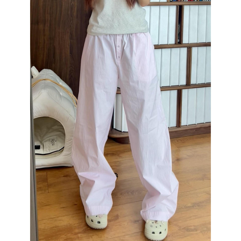 Skims Pink Striped Wide-Leg Pants, Loose Straight-Leg Pants, Floor-Length Casual Pants, Outdoor Walking Pants, Trendy Women's Pants Skims Pink Striped Wide-Leg Pants, Loose Straight-Leg Pants, Floor-Length Casual Pants, Outdoor Walking Pants, Trendy Women's Pants