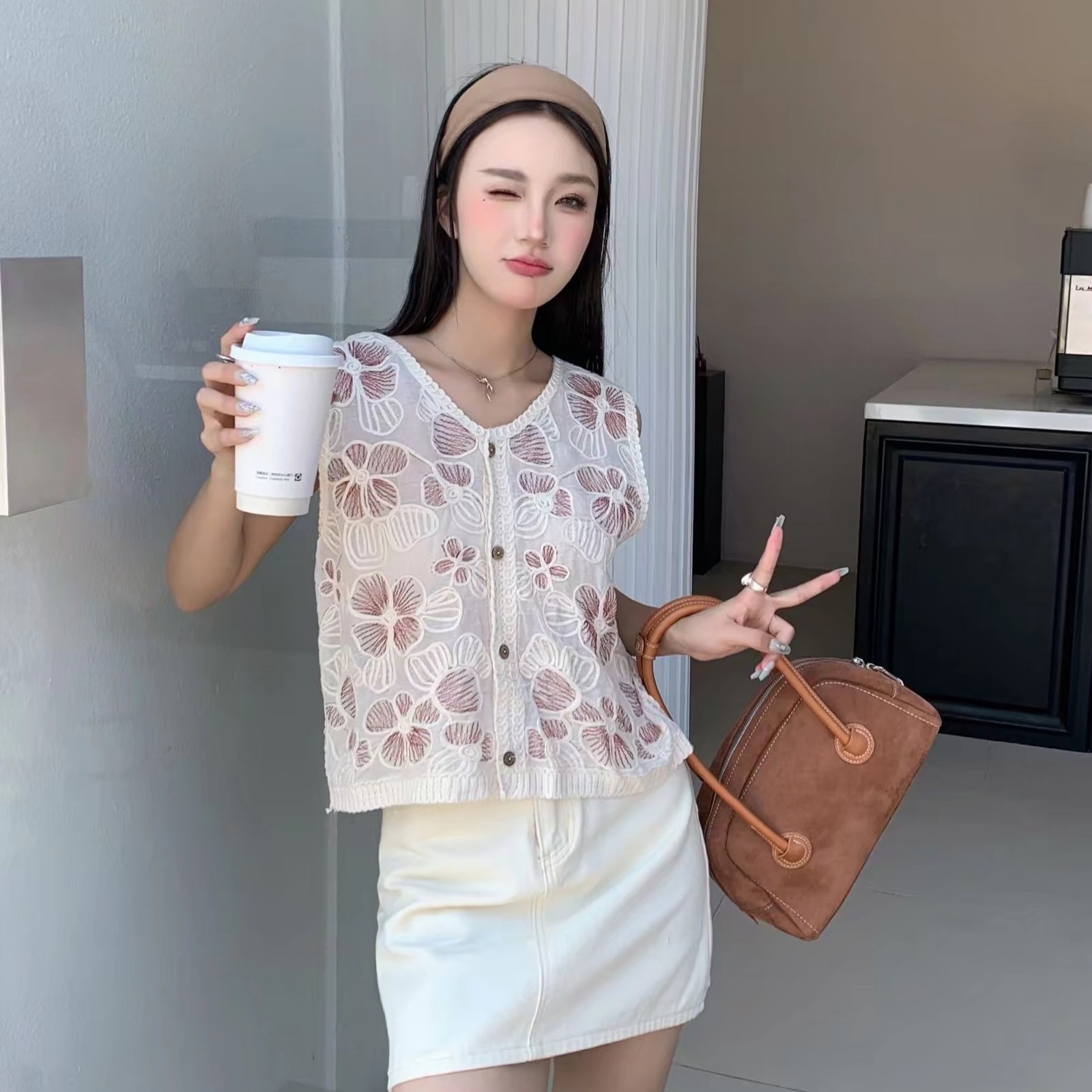 Summer New Women's Fashion Versatile Slimming V-Neck Sleeveless Hollow Vest Loose Cardigan