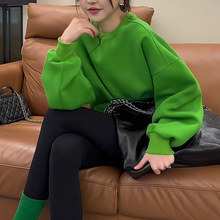 今年流行韩系oversize套头宽松时尚绿色圆领卫衣女上衣潮CD7287