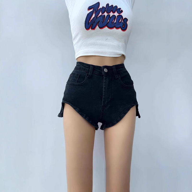 American Summer Long-Leg Hot Pants High-Waisted Tight-Fitting Buttocks Elastic Asymmetrical Leg-Lengthening Ultra-Short Denim Shorts for Women