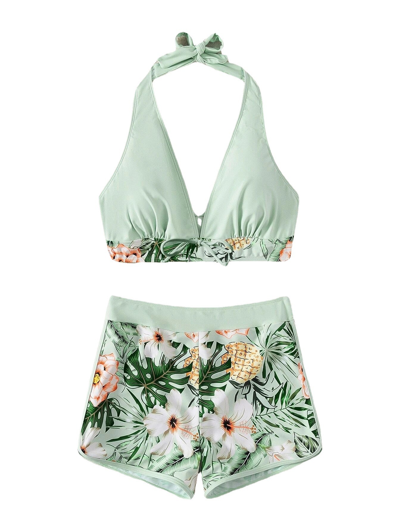 2022 traje de baño de comercio exterior europeo y americano mujer dividida cintura alta boxeador encaje-arriba impreso color sólido costura Internet celebridad AliExpress traje de baño