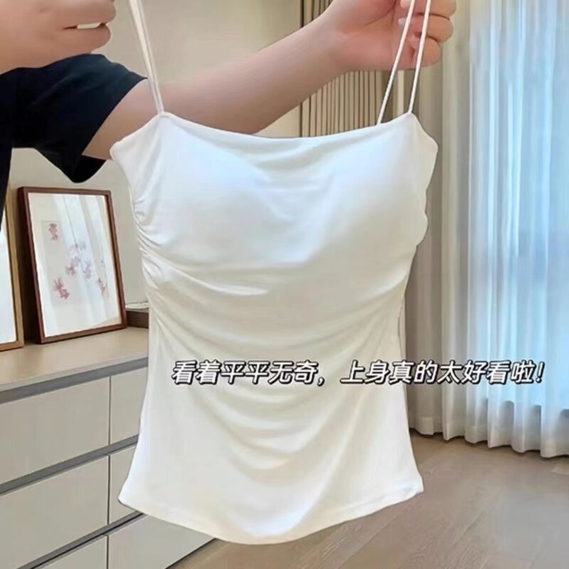 Hot Girls Pure Wish Pleated Camisole Women's Summer Thin Shoulder Strap Inner Wear Sweet and Hot Style Sleeveless Top Outer Wear with Chest Pad