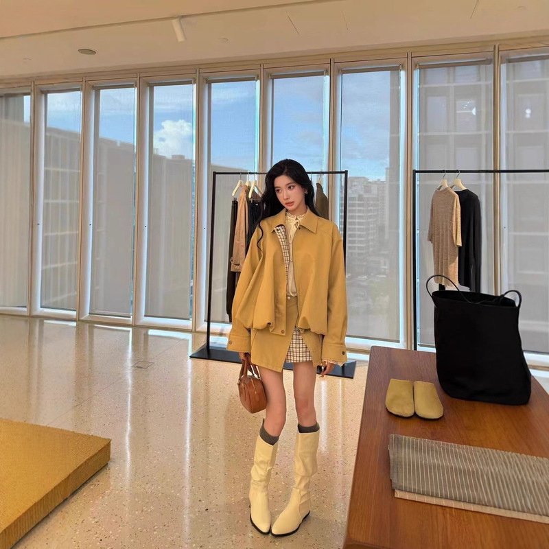 Barb chill翻领夹克短外套女早秋卡其色套装不规则工装风半身裙|undefined