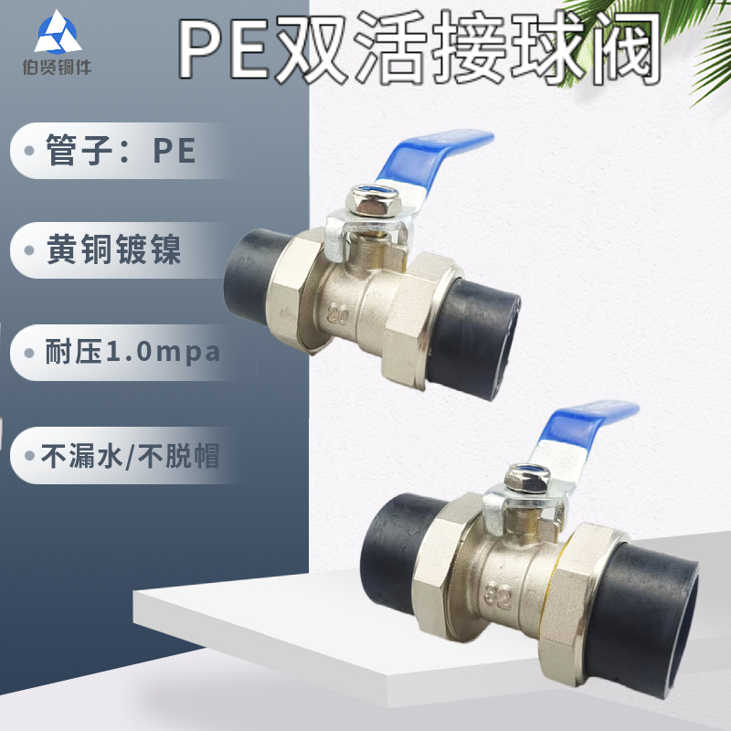 PE双活接热熔铜球阀20.25.32.40.50.63阀门开关工程专用黑色头子