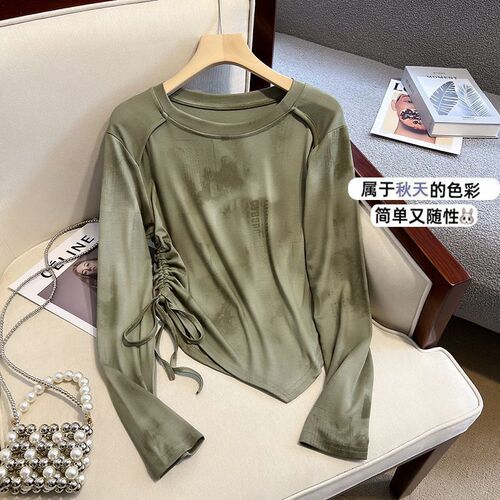 Women's Spring and Autumn Season New Han Style Loose Fitting Slimming Tie-Dye Long Sleeve T-Shirt with Drawstring