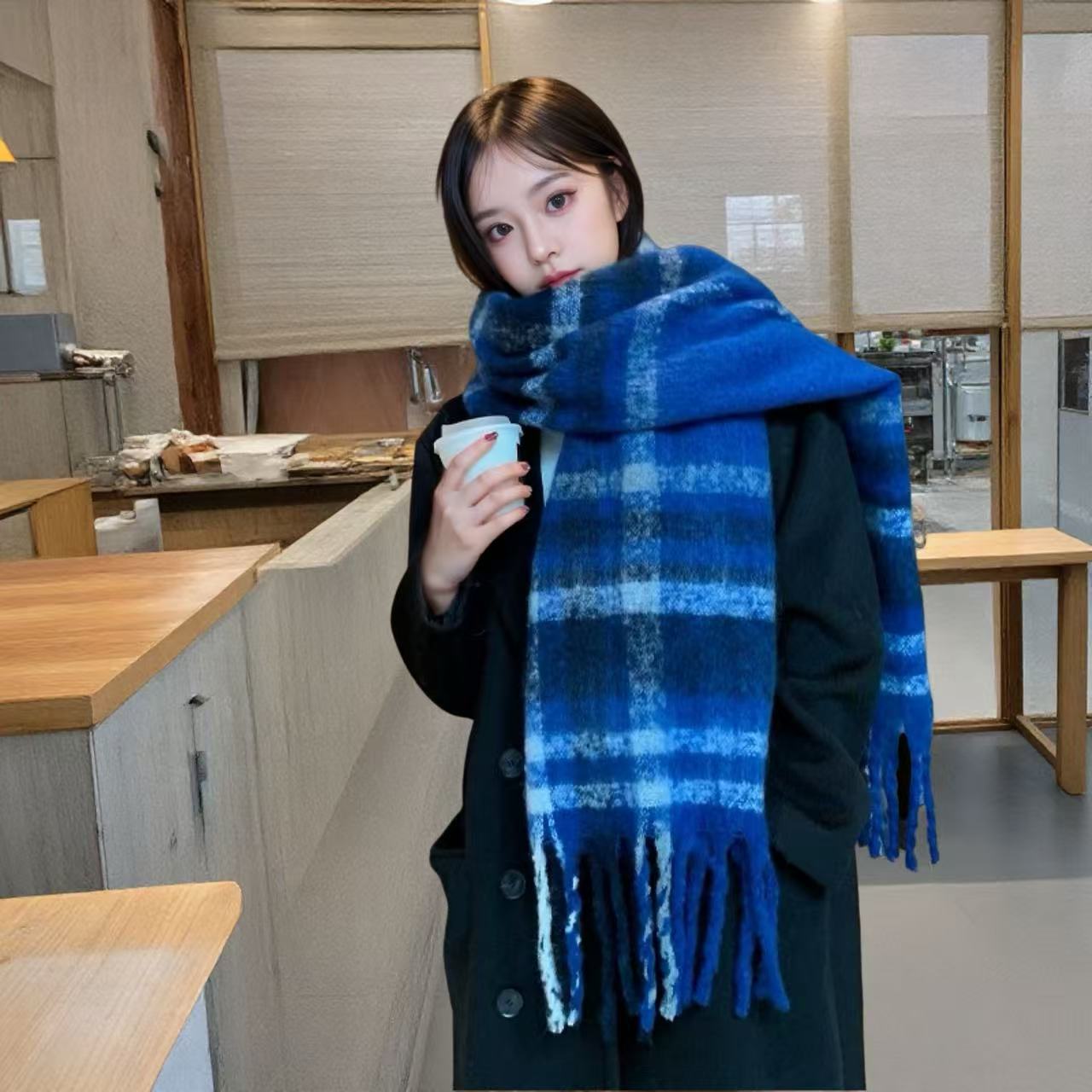 马海毛条纹学院风拼色围巾秋冬韩国软糯保暖森系长款披肩女外搭