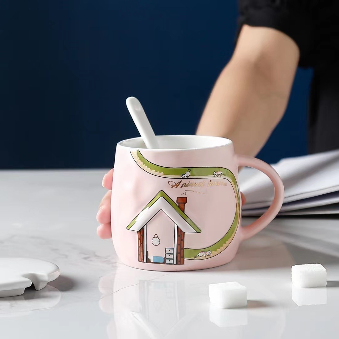 Creativo alivio pastoral casa historieta personalizada regalo de cerámica gato garra cuchara taza café estilo japonés agua