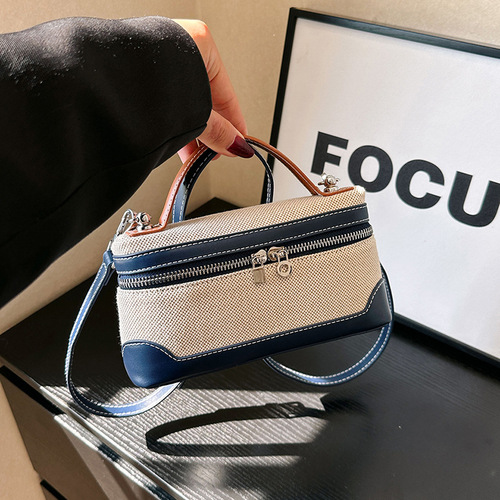 包包女跨境新款潮复古手提小方包帆布撞色拼接质感单肩斜挎包