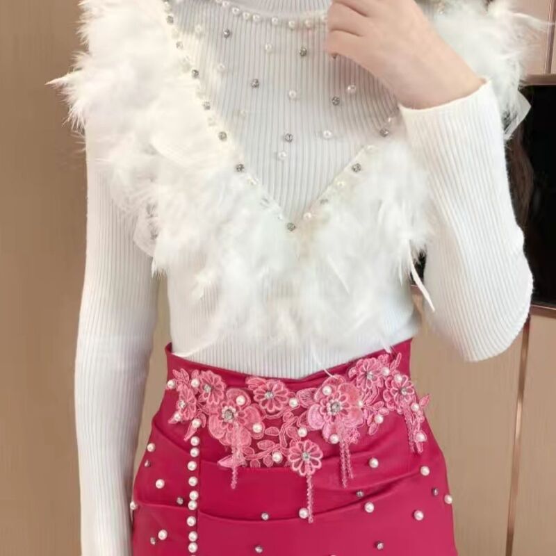 High-Neck Sweater with Heavy Beading and Lace, New Autumn and Winter Style, Elegant Patchwork Knitwear, Sweet Base Layer Top