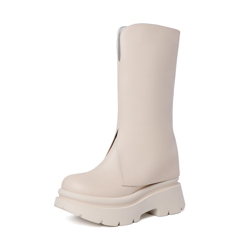 Boot nữ cổ cao ôm bắp chân phong cách Anh, gót độn trong 10 cm, ống giữa không quá đầu gối — Nhung đen