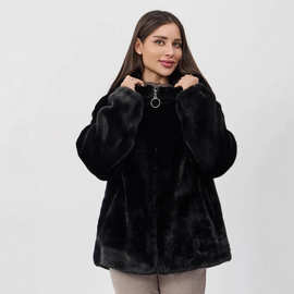 跨境女装环保毛绒外套中长款人造毛加厚保暖连帽仿水貂毛皮草大衣