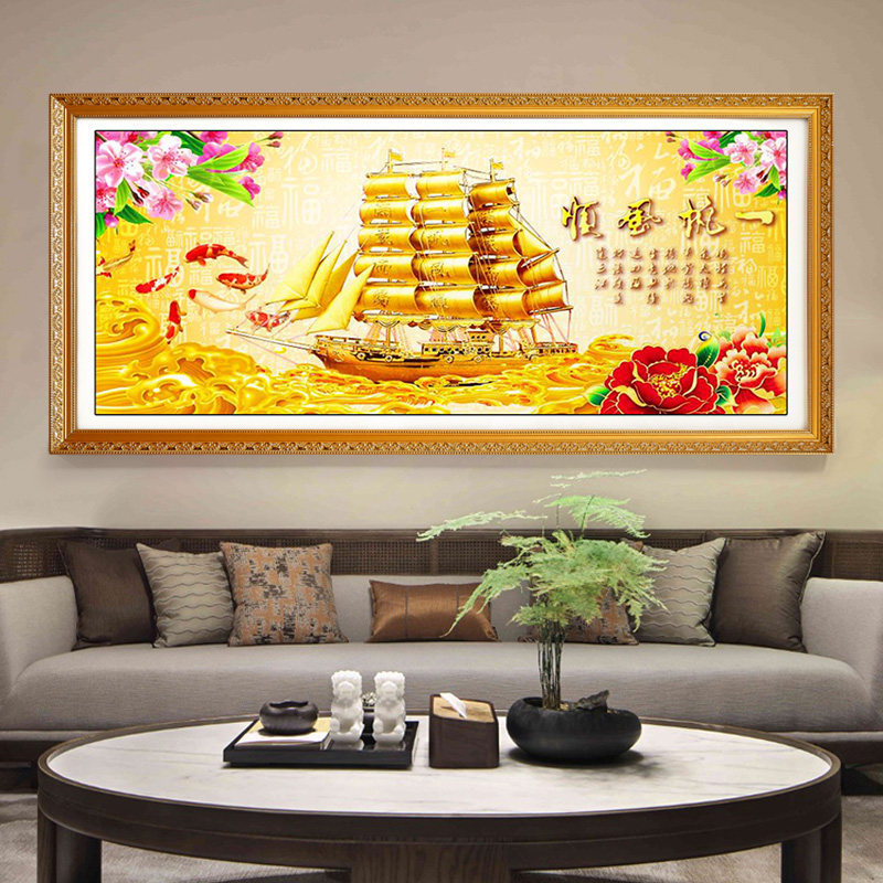 Decorative painting for the living room's background wall, auspicious Chinese-style wall art with good fortune, feng shui mural for office opening