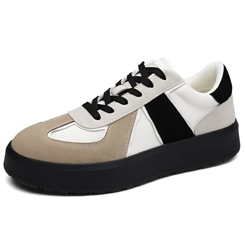 Giày sneaker nam cổ thấp phối màu, mũi tròn, đế cao su, thoáng khí, dây buộc — Màu lạc đà, Màu trắng