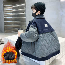 男童帅气加绒加厚派克服2025新款中大童牛仔拼接外套棉衣冬装衣服