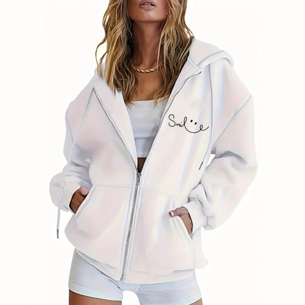Women's Smiley Face Print Hooded Jacket Long Sleeve Fleece Lined Zip Up Street Style Loose Top_ecoleips.com