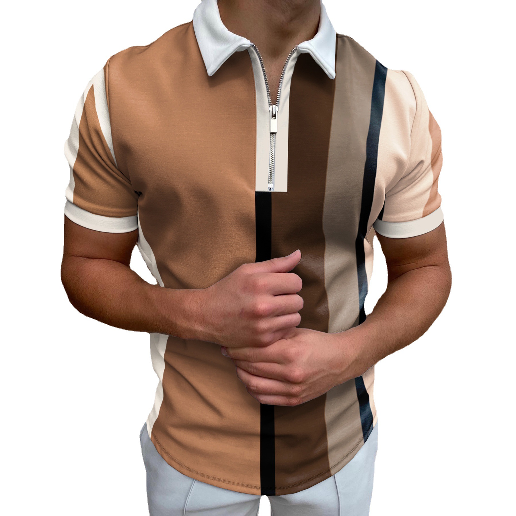 POLO Shirt Lapel Summer Casual Short Sleeve Khaki Striped T-Shirt