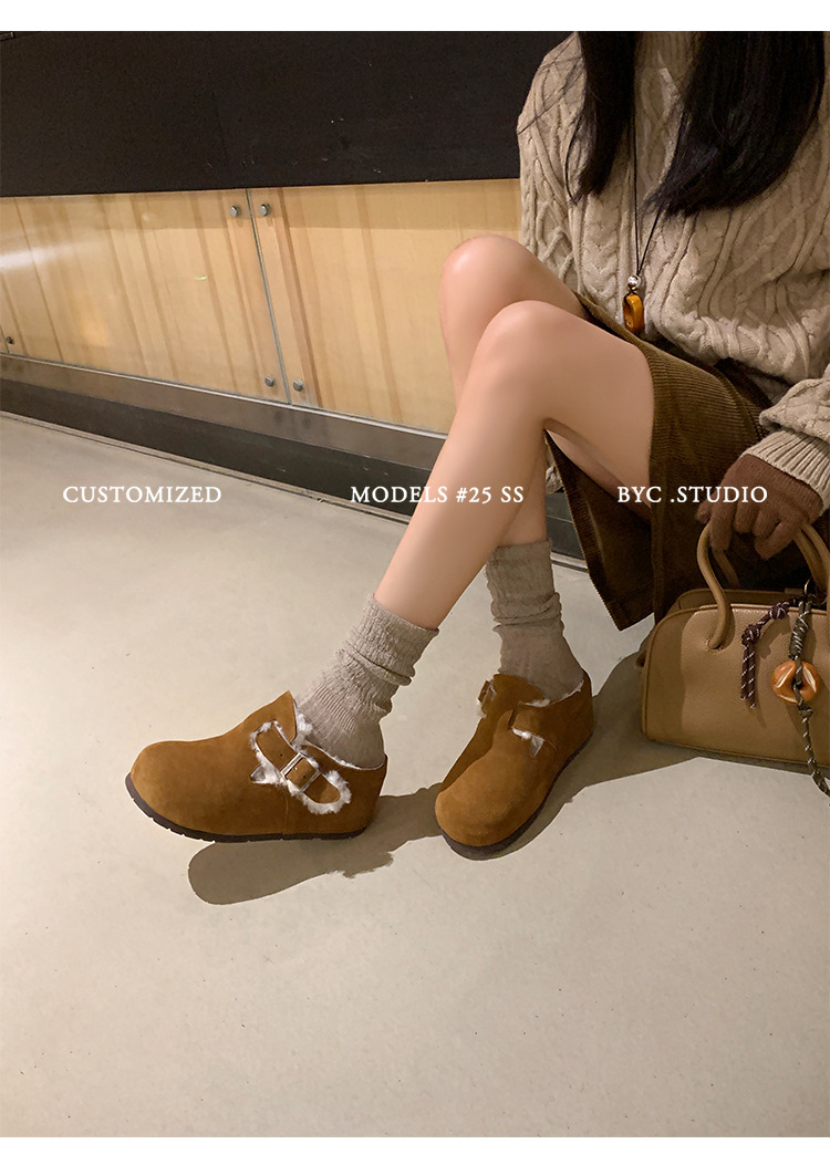 Dép lông Birkenstock da thật nữ đế dày, mũi kín lông cừu, có khóa thắt lưng, tăng chiều cao bên trong — cà phê nâu chi tiết 11