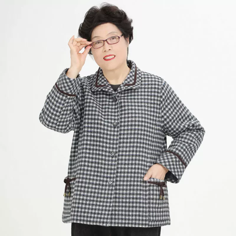 妈妈装秋冬装女奶奶棉衣格子加棉加厚衬衫款上衣中老年人绗棉外套
