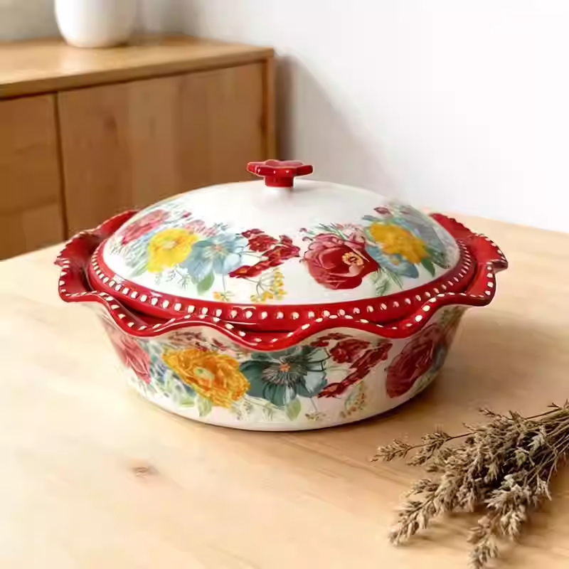 Cross-Border Wholesale Floral Patterned 11inch Piece Lace-Edged Dotted Soup Bowl with Double Handles and Lid, Large Soup Bowl Baking Tray Cross-Border Wholesale Floral Patterned 11inch Piece Lace-Edged Dotted Soup Bowl with Double Handles and Lid, Large Soup Bowl Baking Tray