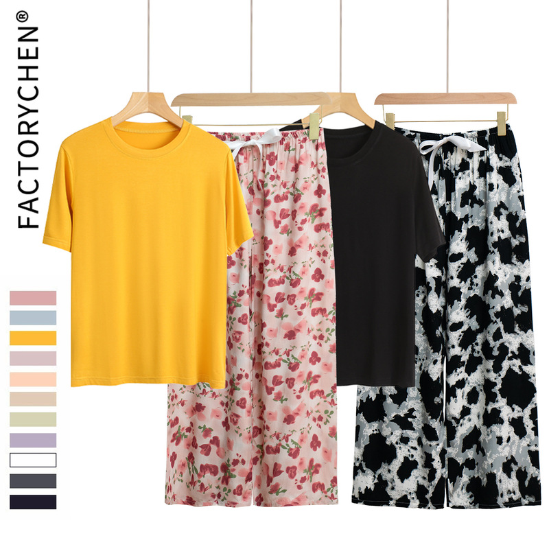 25 Cross-border European and American Summer Thin plus size Round Neck Pajamas Women's Contrast Color Short-sleeved Cotton Wide-leg Flower Pants Home Clothes