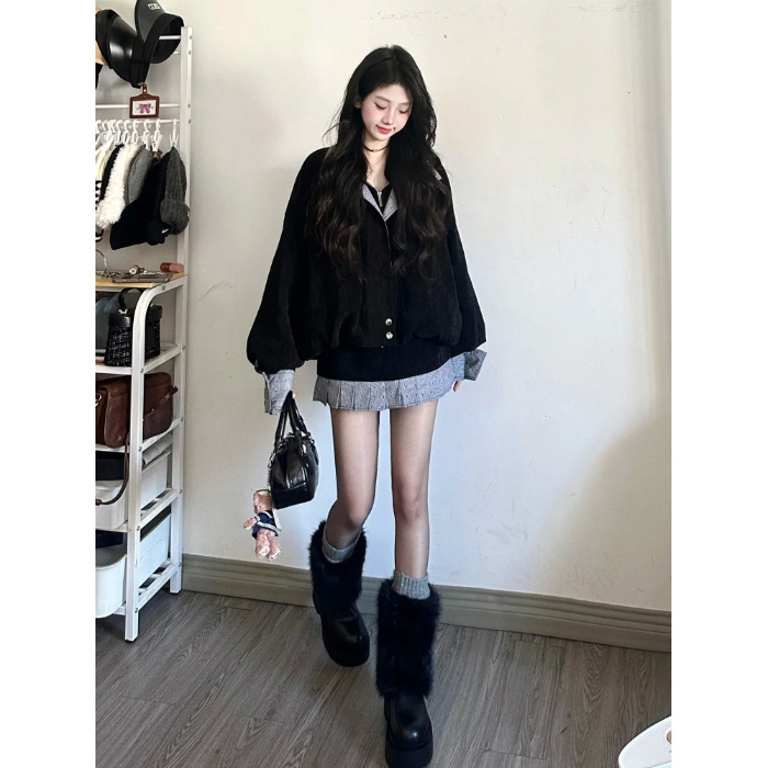 超好看双层领宽松慵懒短款夹克外套女2025秋冬季新款外套短裙套装|undefined
