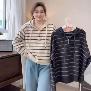100kg Plus Size Hooded Sweater 2025 Winter Flesh-Covering Loose Knitted Hat Lazy Layered Stripesd Top