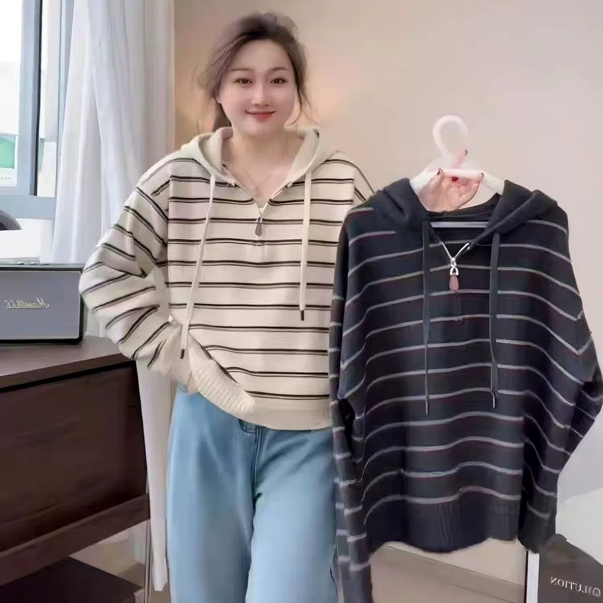 100kg Свитер с капюшоном большого размера, зима 2025, свободная вязаная толстовка с капюшоном, непринужденный многослойный топ в полоску