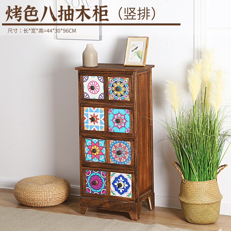 Mesita de noche americana, armario de almacenamiento creativo pastoral retro, armario de almacenamiento de madera, armario de almacenamiento de estilo étnico pintado
