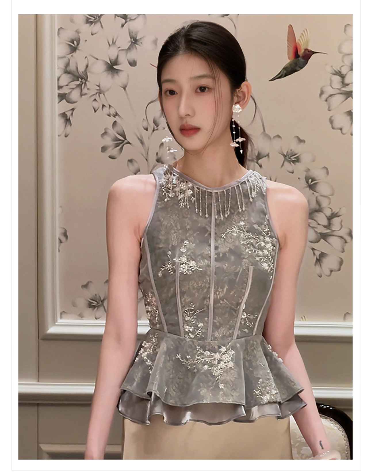Áo hai dây nữ thêu đính hạt jacquard phong cách Tân Trung Hoa — áo vest chi tiết 2